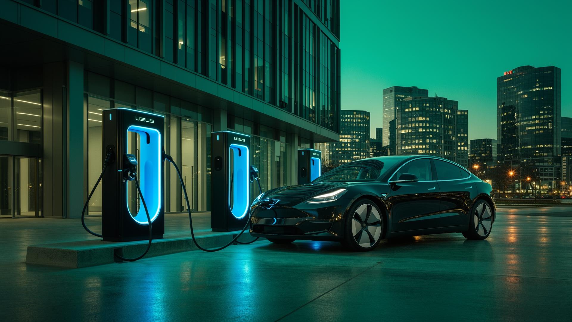 Commercial EV charging stations outside a modern corporate building