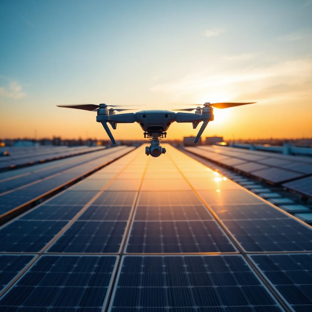Drone performing commercial solar panel cleaning on a large rooftop array